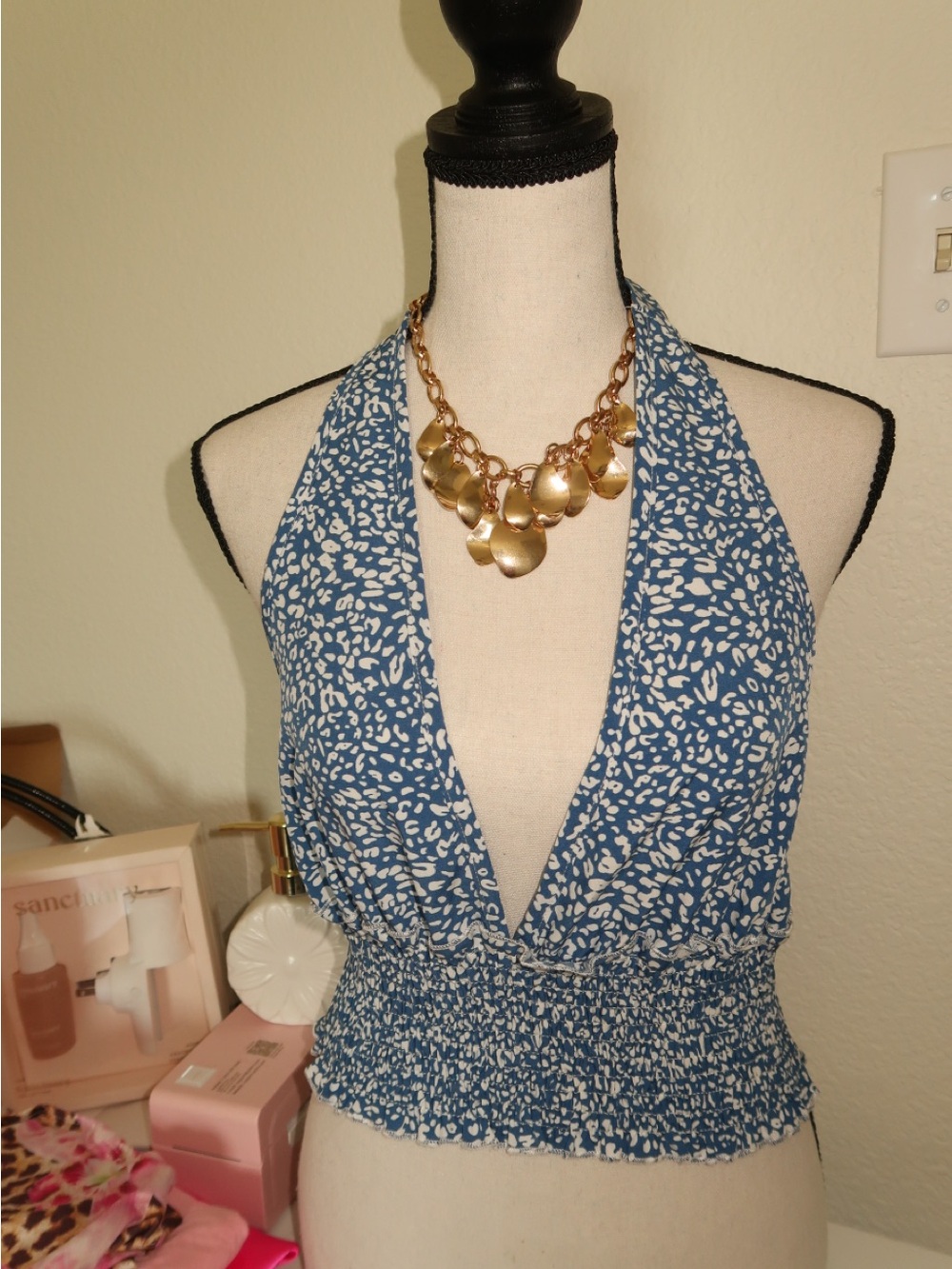 SHEIN Blue and White Halter Smocked Waist Cami - Picture 3 of 5